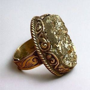 Tibetan Pyrite Cluster Statement Ring - Engraved Silver Setting, Adjustable